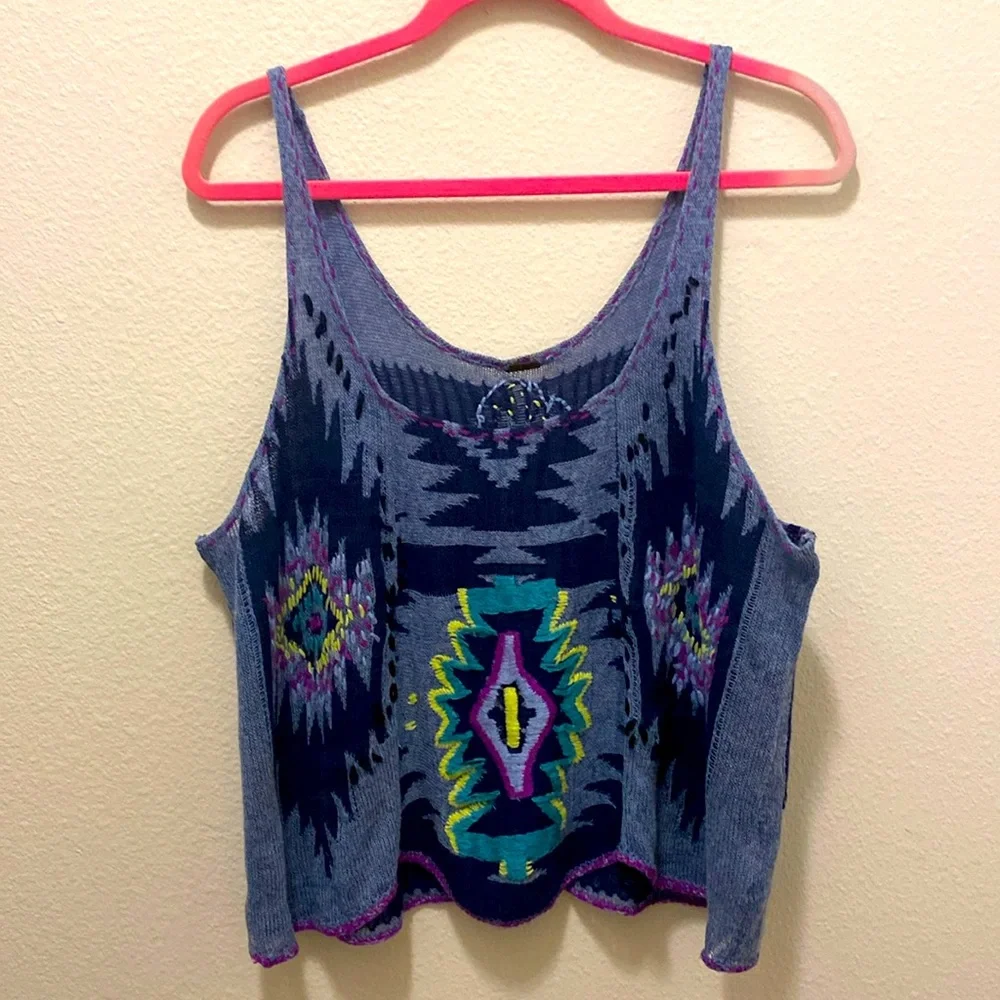 Free People Navy Multicolor Aztec Knit Crop Tank - Picture 2 of 8